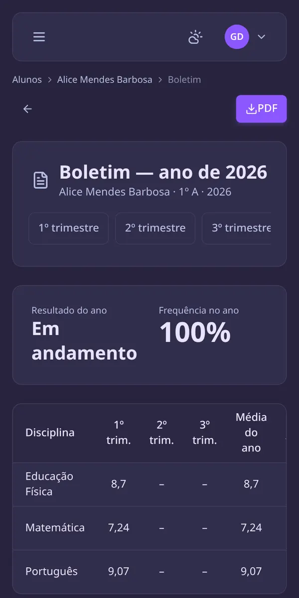 Boletim do ano no celular: resultado do ano, frequência e a nota de cada disciplina por trimestre