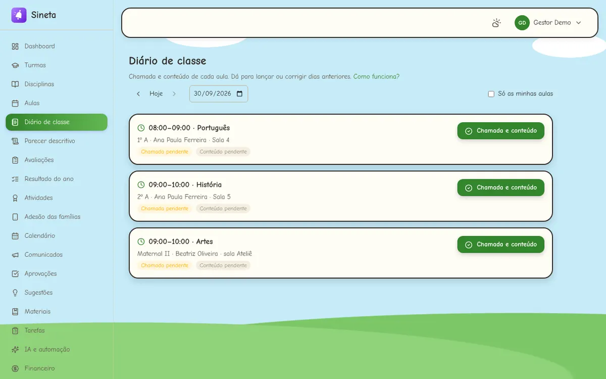 Diário de classe no computador: as aulas do dia de cada turma, com a chamada e o conteúdo pendentes