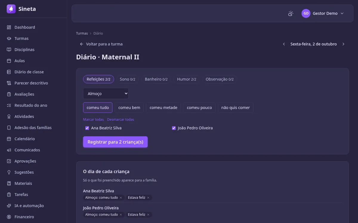 Diário do dia da turma no computador: almoço registrado para as duas crianças e o dia de cada criança com refeição e humor